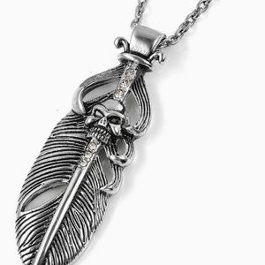 SKULL DAGGER FEATHER CHAIN NECKLACE STAINLESS -24”